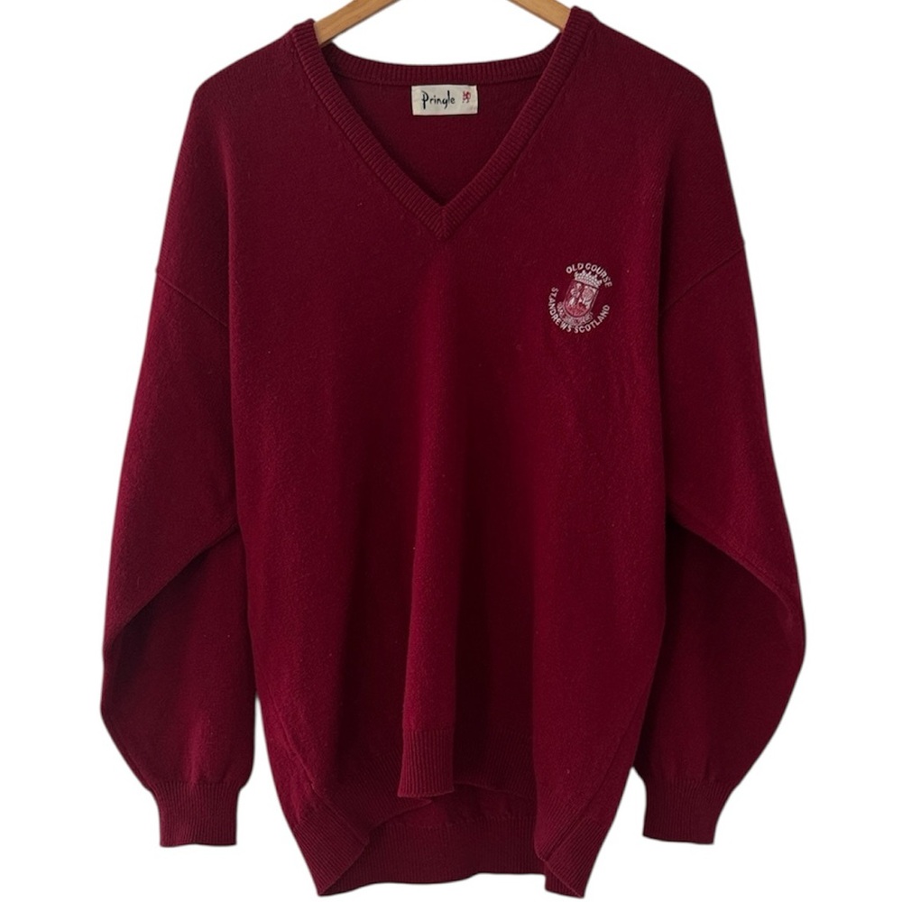 Vintage Pringle of Scotland Sweater Wool St Andrews Golf V Neck Red Mens Medium